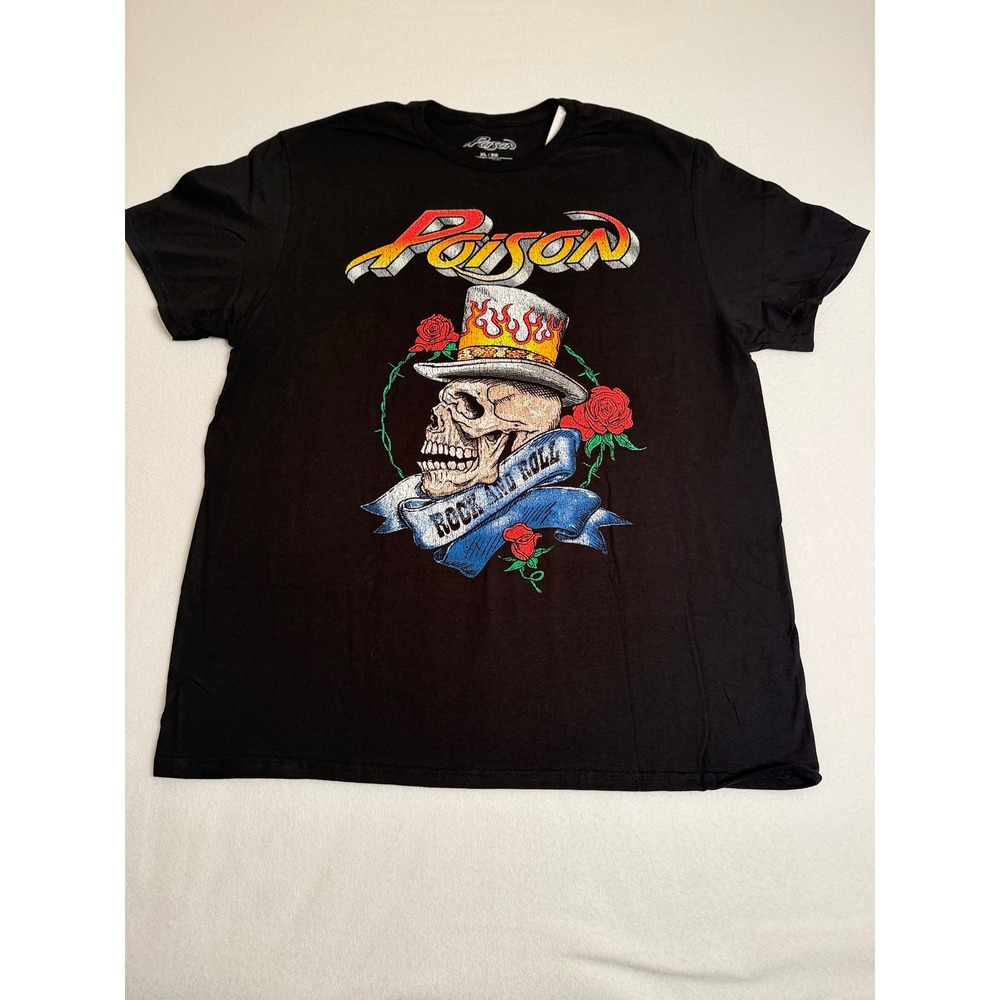 Poison Band Graphic T-Shirt Mens XL Black Rock and Roll Skull Roses Cotton Tee